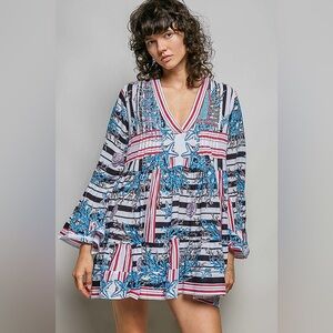 POL Striped Floral Long Sleeve Mini Dress with Pintuck Detail